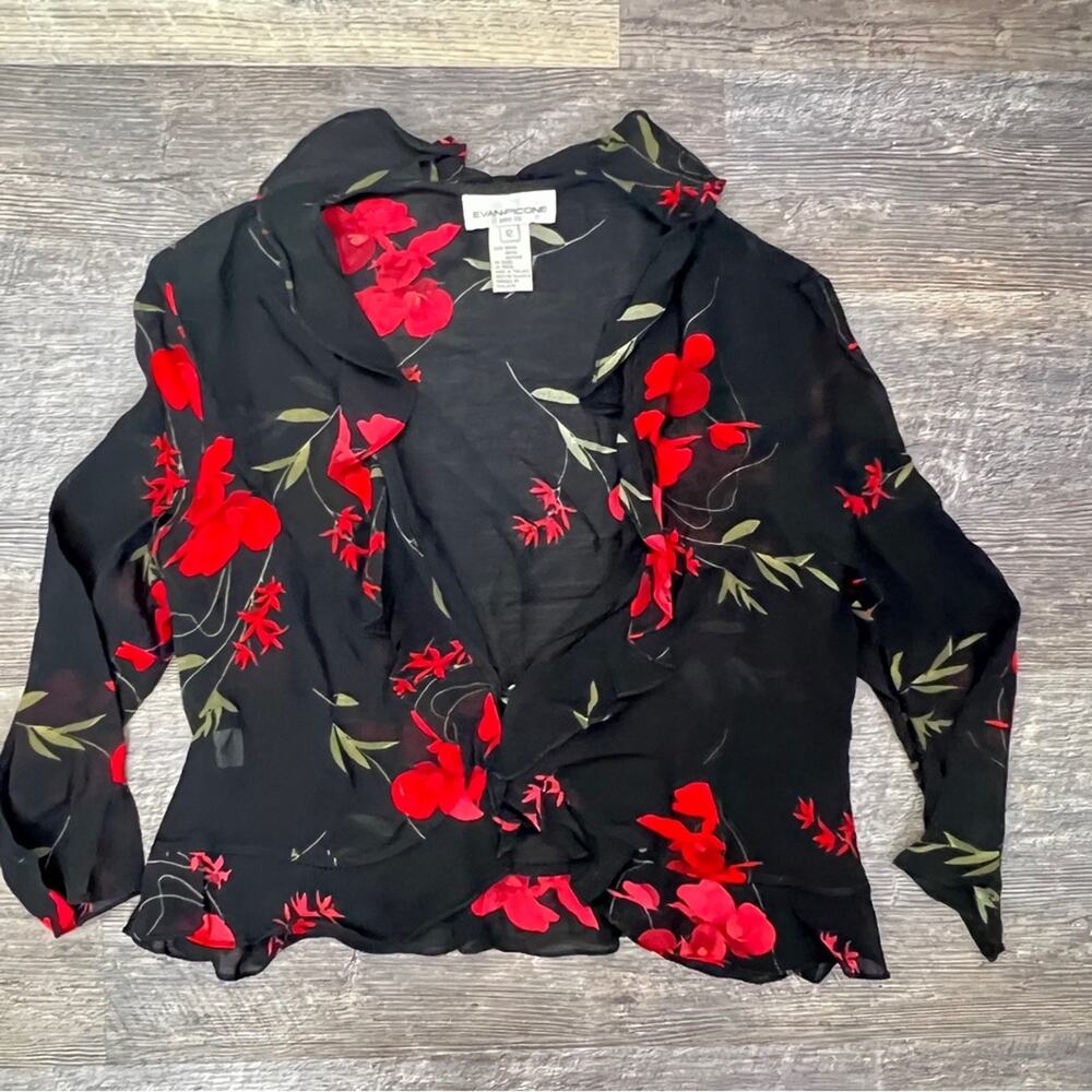 Evan Picone black with red flowers sheer blouse top shirt size 12 B168